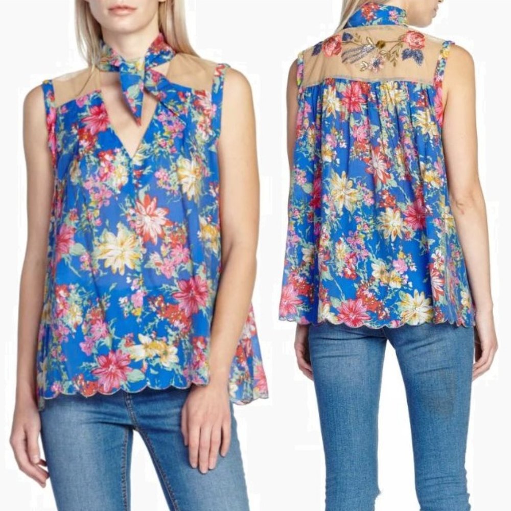 Aratta I Guess Floral Sleeveless Blouse • Medium • Embroidered • Boho • Blue Red